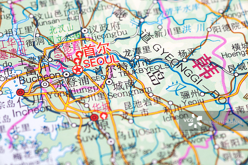 韩国首都首尔在地图上的地理位置图片素材