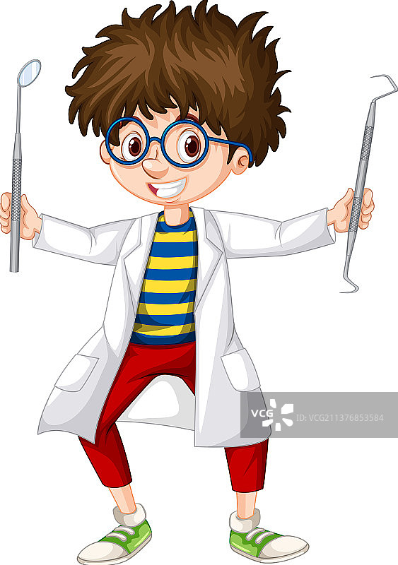 快乐的牙医拿着牙科检查工具图片素材