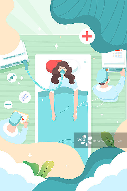 卡通看病打针输液住院icu急诊专家坐诊线上问诊体检意外住院保险身体医药医护商务科技医疗健康矢量插画图片素材