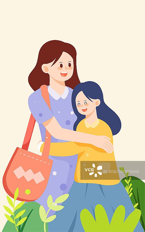 感恩母亲节母女拥抱插画一家人春季出游海报图片素材