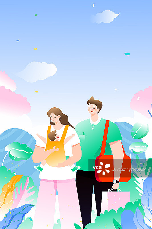 卡通亲子家人家庭母亲节父亲节亲子游居家带娃父亲节出游旅行生活方式电商促销优惠儿童节商务渐变矢量插画图片素材