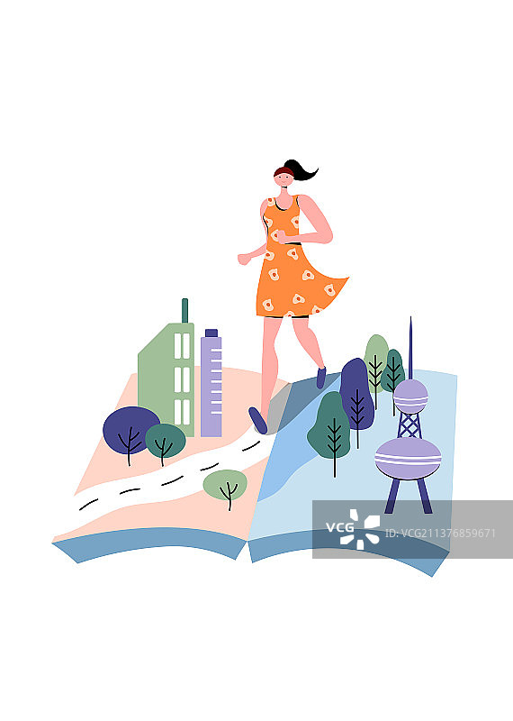 在翻开的书本城市中奔跑的女孩图片素材