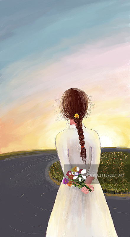 夕阳下少女的背影图片素材