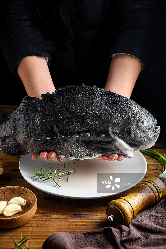 暗调手持海参斑盘子里的海鱼图片素材