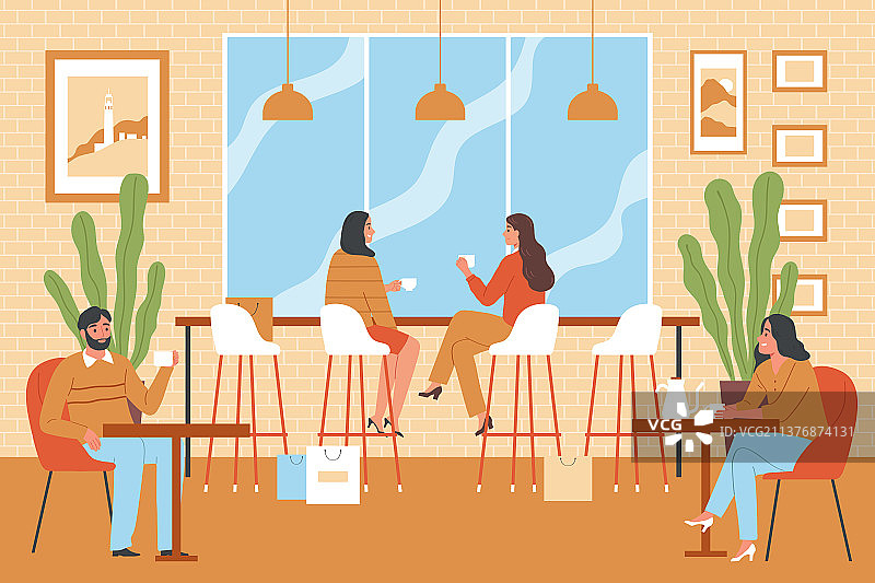 扁平风格咖啡店内部场景图片素材