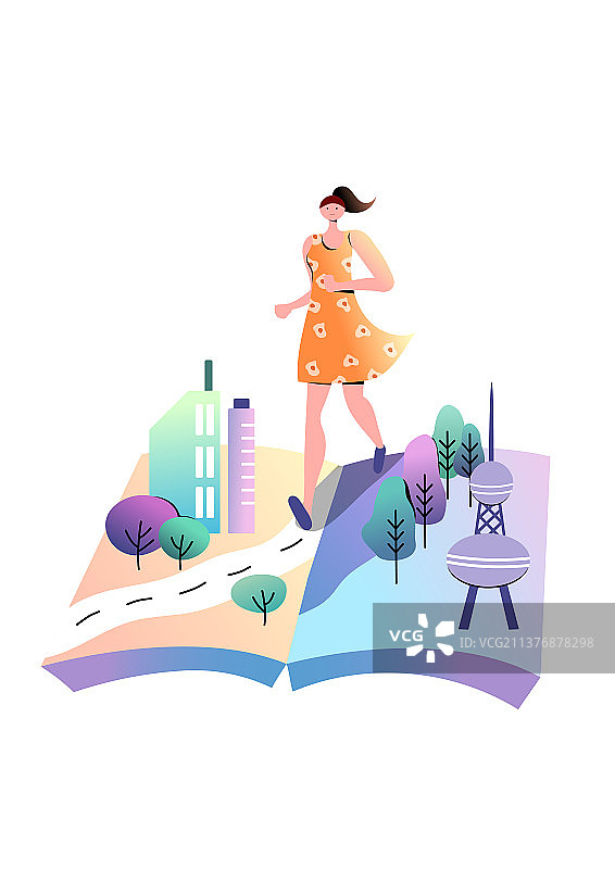 渐变色翻开书本上奔跑的女孩图片素材