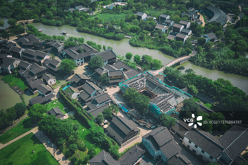 航拍中国苏州沙家浜景区自然建筑风光图片素材