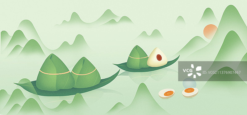 端午节美味粽子咸鸭蛋山水插画图片素材