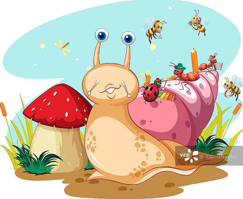 卡通风格的可爱蜗牛和昆虫图片素材