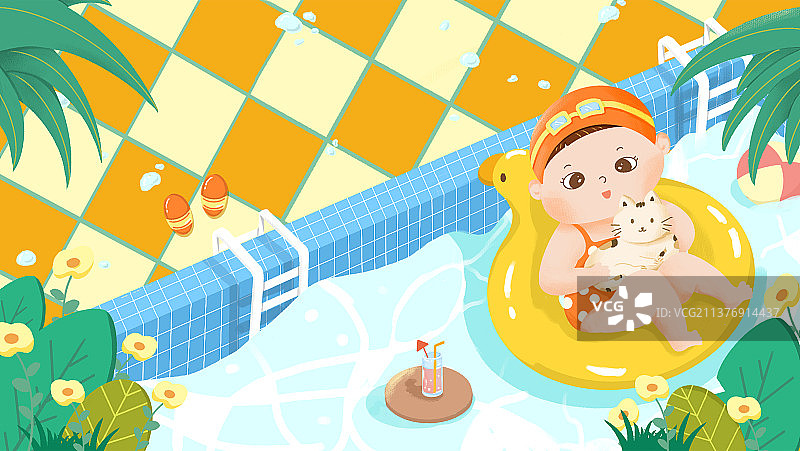 夏日泳池游泳可爱小女孩和猫插画图片素材