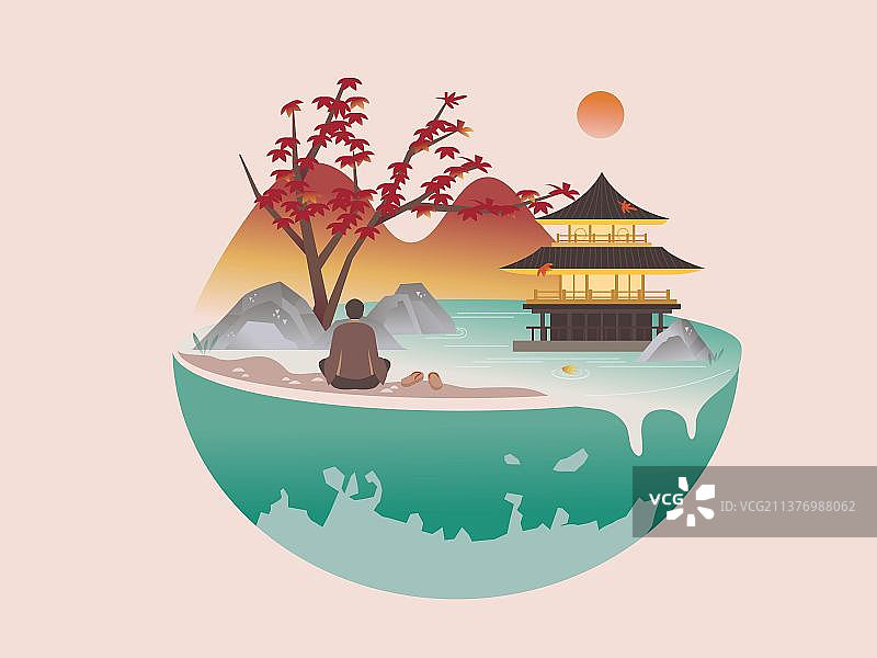 地球上有一座寺庙一棵枫树和一个打坐的人图片素材