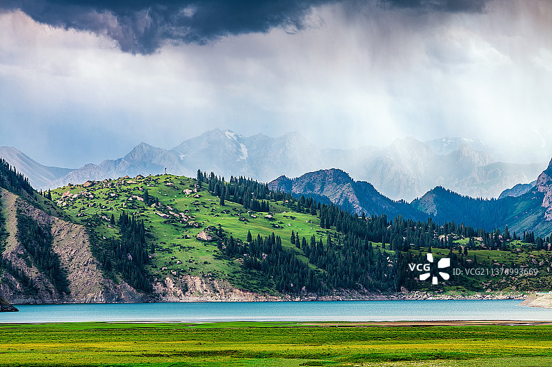 新疆独库公路雨中的大龙池图片素材