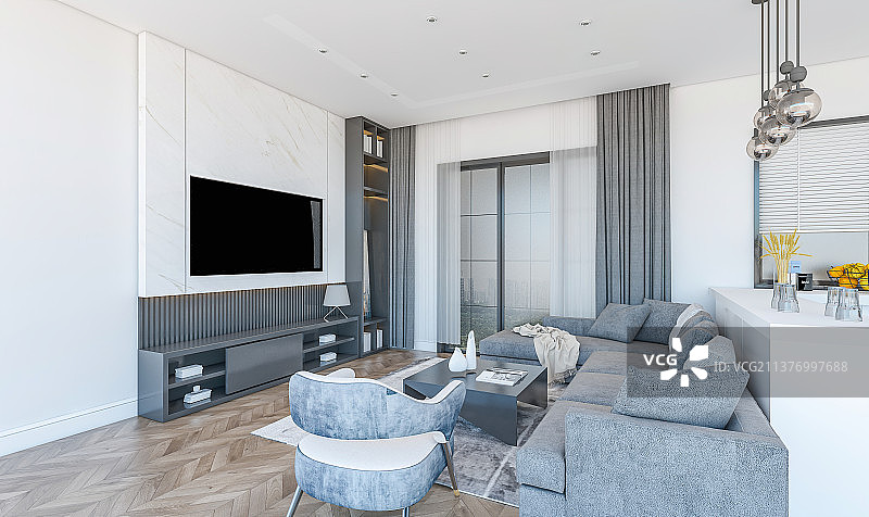 现代风格住宅内部客厅餐厅全景图片素材