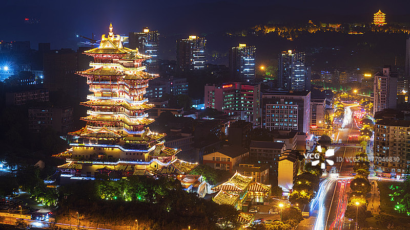 四川绵阳越王楼和富乐阁夜景图片素材