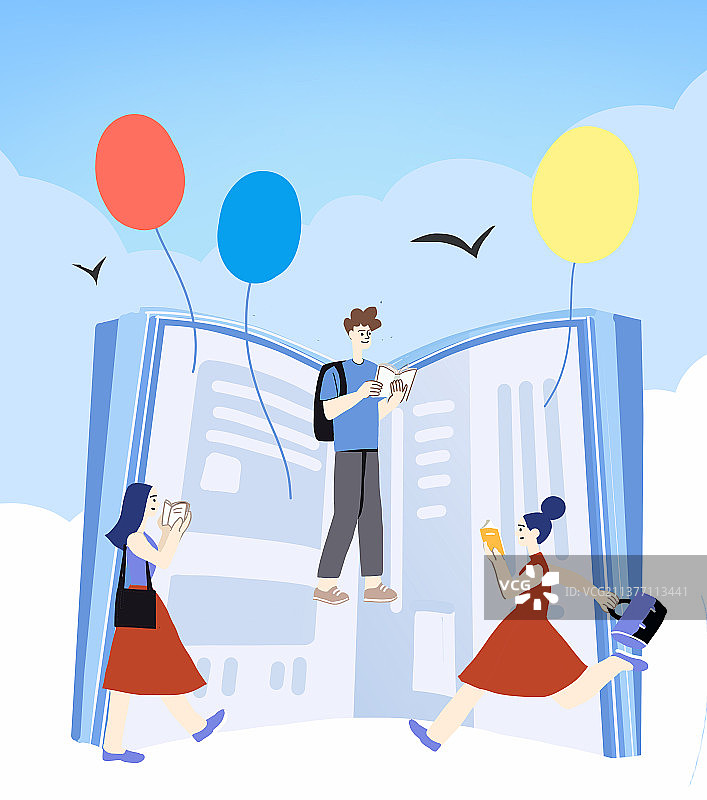 认真学习欢呼学生青年蓝天阅读书扁平插画图片素材