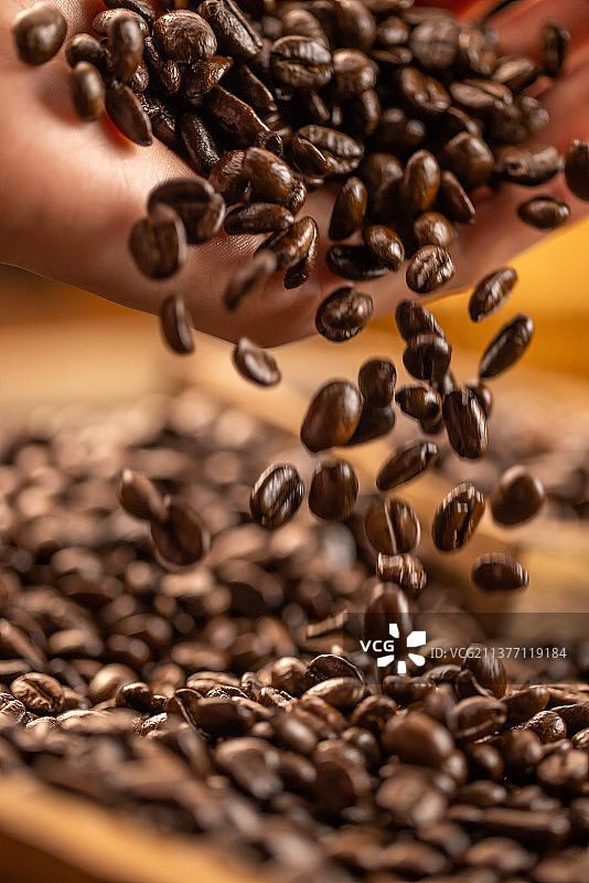 手拿咖啡豆抛洒掉落图片素材