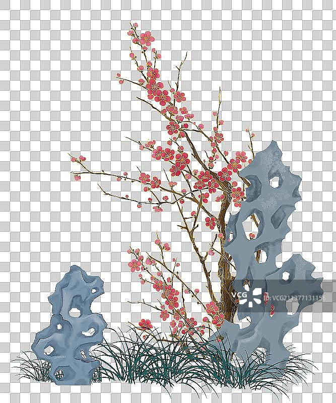 园林假山石梅花图片素材