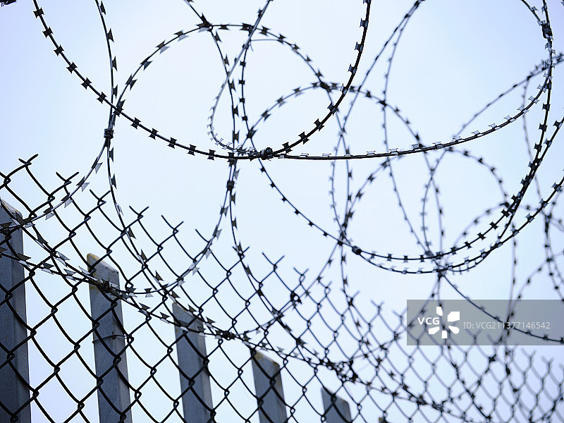 监狱墙上的带刺铁丝网图片素材