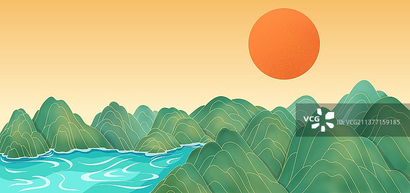 国潮江山传统插画背景图片素材