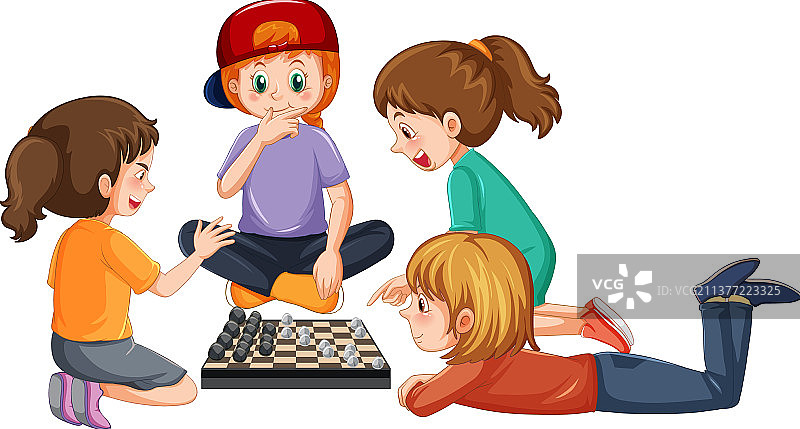孩子们在白色背景上玩棋盘游戏图片素材