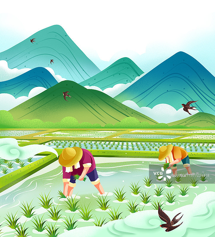 种植水稻场景手绘图图片素材