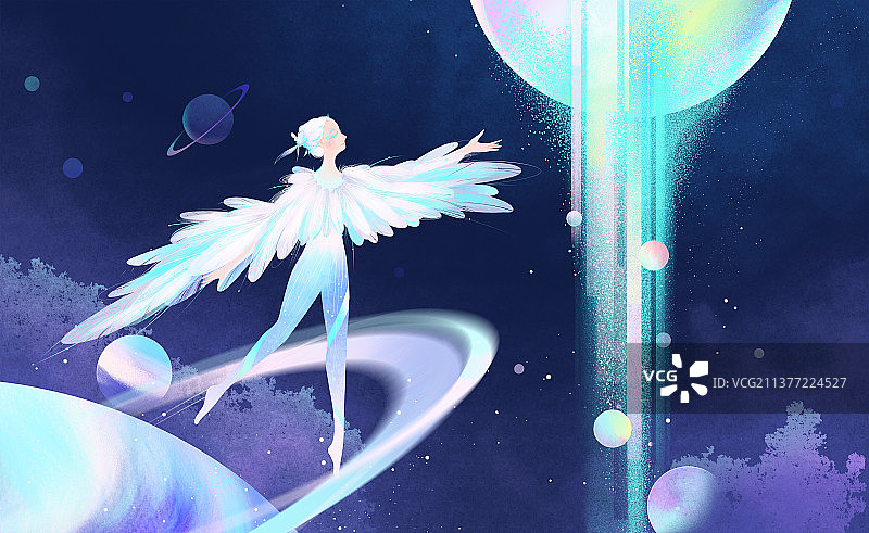 蓝紫色星球宇宙星云星沙羽毛少女梦幻插画图片素材