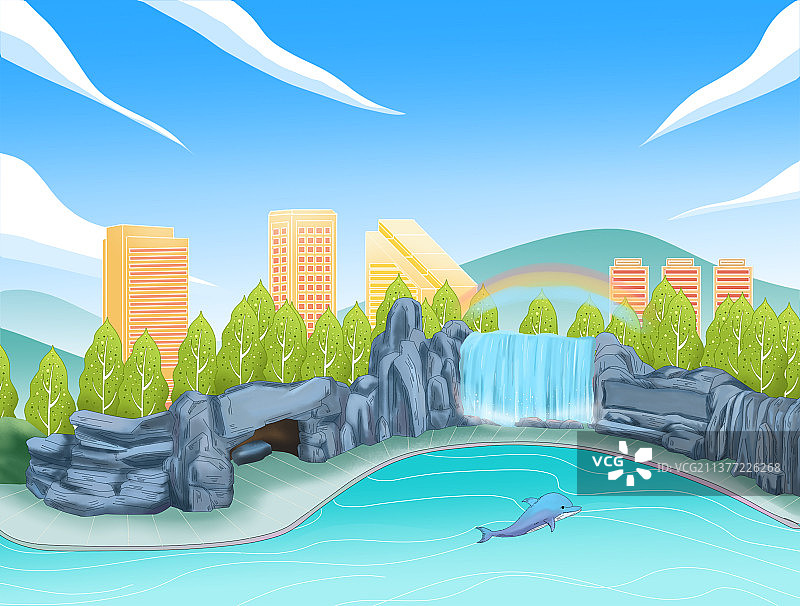 城市户外动物园水族馆表演水池风景插画图片素材