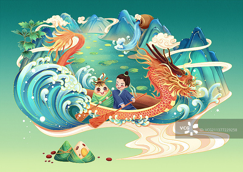 端午节赛龙舟国潮风包装插画图片素材