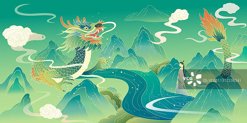 绿色渐变国风国潮端午节日插画图片素材