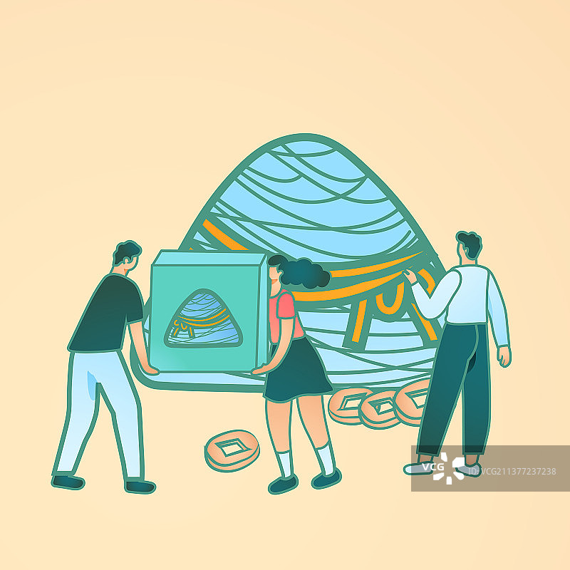 卡通端午节美食中国风传统节日习俗佳节粽子礼盒送礼加工厂商务商城邀请好友电商自然风景中国风国潮矢量插画图片素材