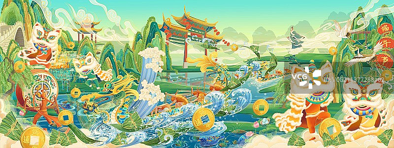 端午节国风插画赛龙舟舞狮粽子图片素材