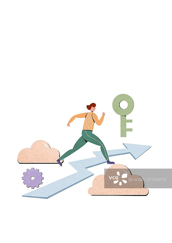 在云端箭头上奔跑的男子和网络安全钥匙图片素材
