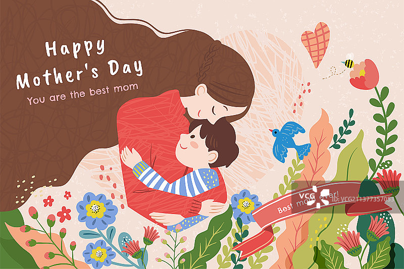 母亲拥抱孩子可爱手绘插画图片素材