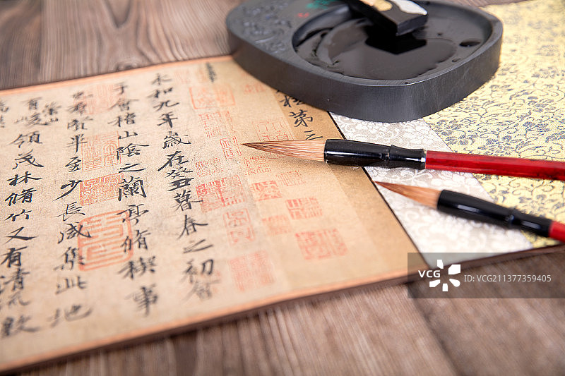 书法作品和毛笔砚台图片素材