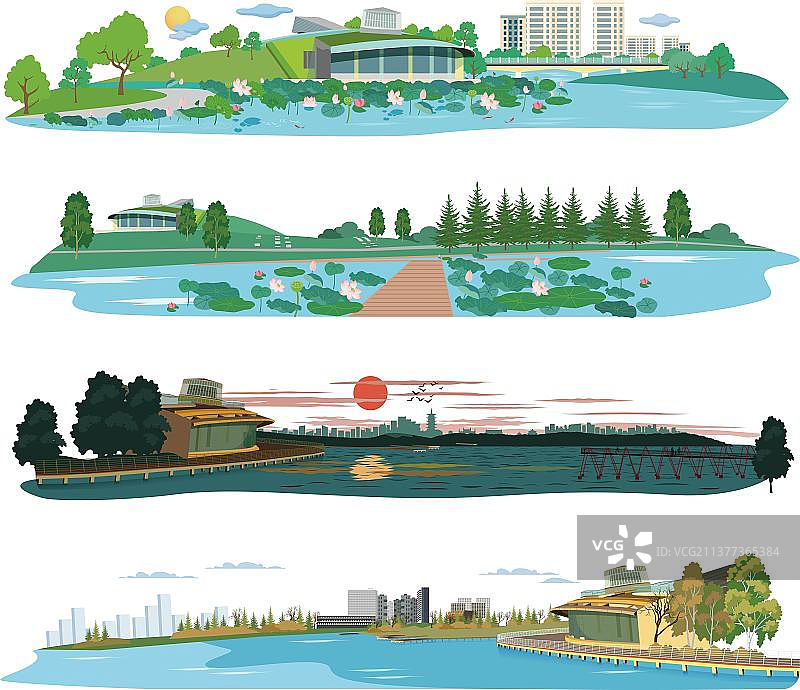 湖边建筑风景不同角度4张场景生态环境宽幅设计素材AI图片素材