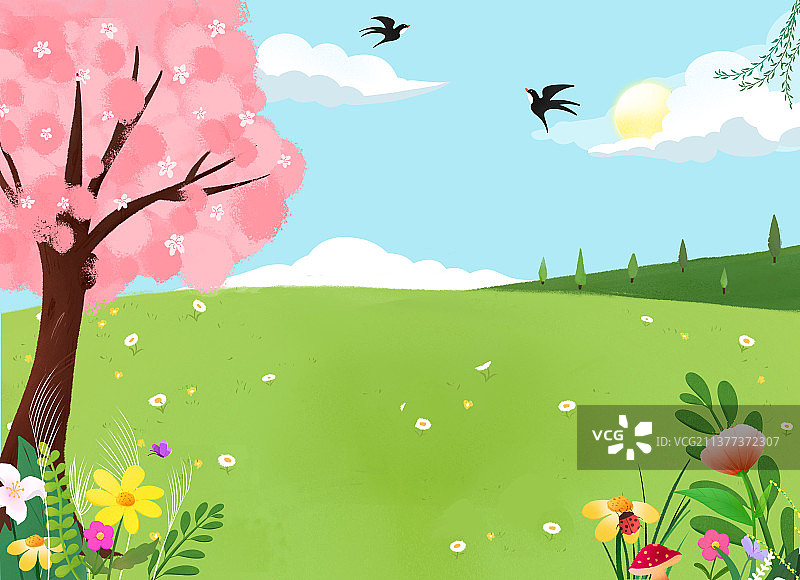 插画背景 春天户外草地樱花图片素材