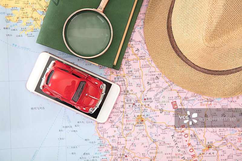 韩国地图上的各种物品概念出韩国旅游计划图片素材