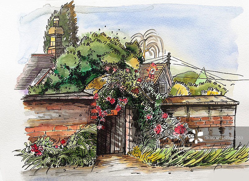 钢笔淡彩欧式庄园图片素材