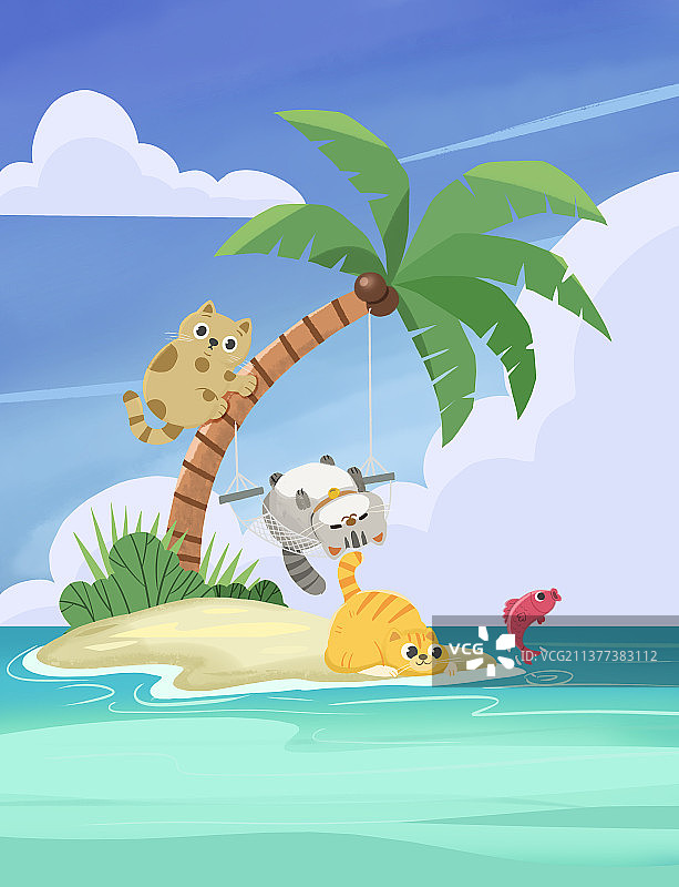 可爱猫咪在海边小岛沙滩上玩耍图片素材