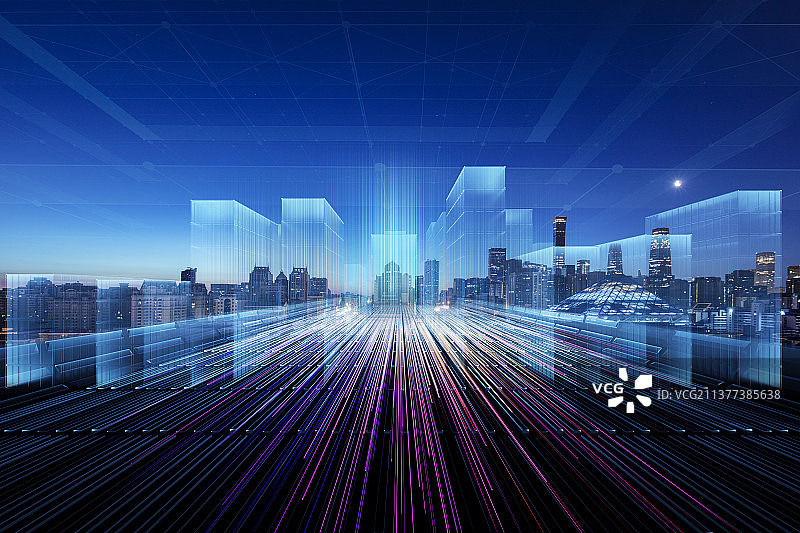 超现实主义风格未来城市，科幻光线道路与现代城市天际线，未来科技城市概念图片素材