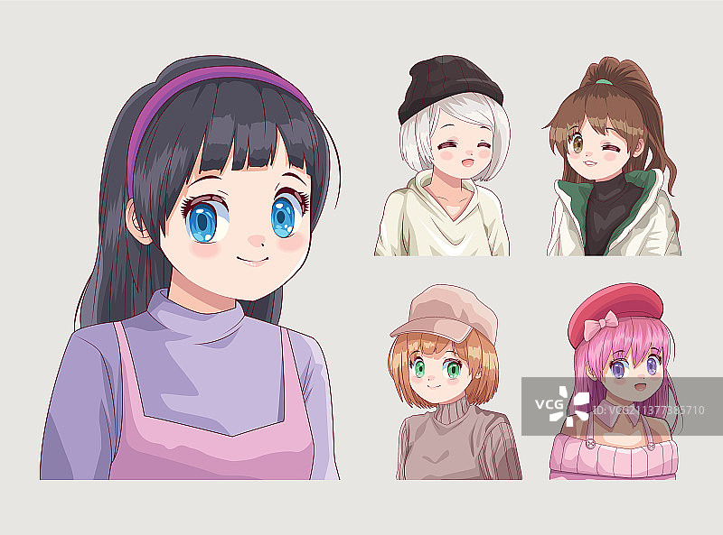 五个动漫风格的女孩图片素材