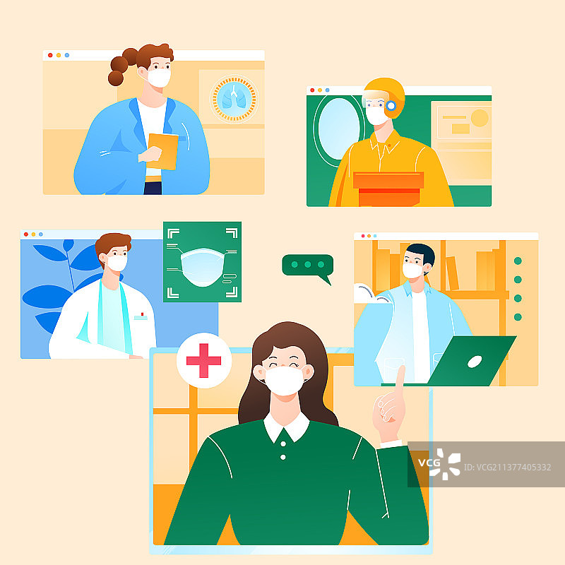 卡通病毒打疫苗医药口罩防护志愿者社区看病挂号门诊疫情医疗健康户外居家隔离核酸检测报告渐变矢量插画图片素材
