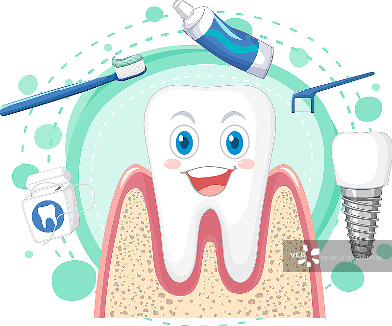快乐的牙齿与牙科清洁设备图片素材