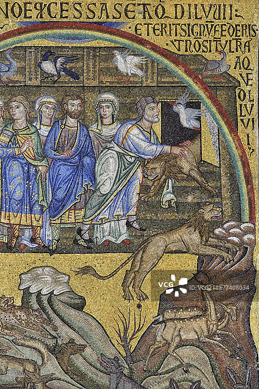 意大利, 威尼斯, 世界遗产, 圣马可大教堂, 《创世纪》马赛克, 诺亚在大洪水后将动物从方舟中释放图片素材