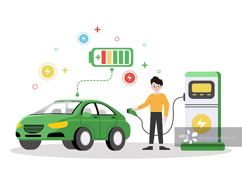 卡通新能源汽车出行活动自驾游服务充电桩风景背景渐变矢量插画图片素材