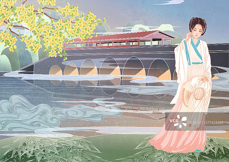 中国国风国潮新中式古代汉服少女插画场景背景图片素材