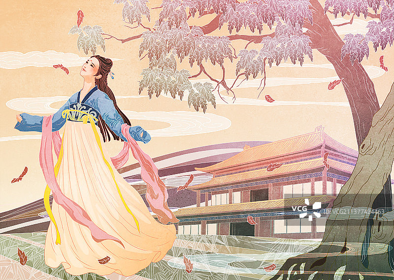 中国国风国潮新中式古代汉服少女插画场景背景图片素材
