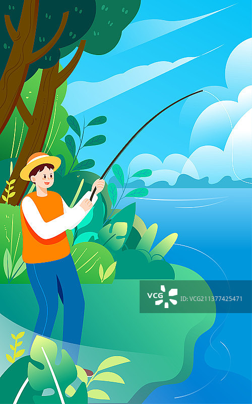 立夏节气人物钓鱼插画夏天湖面郊游风景海报图片素材