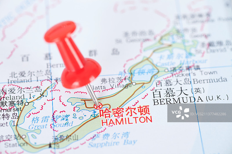 百慕大首府哈密尔顿在地图上的位置标注图片素材