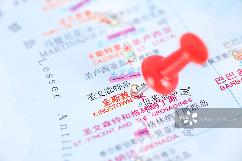 圣文森特和格林纳丁斯首都金斯敦在地图上的位置标注图片素材